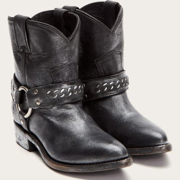 $429 Frye Billy Metallic Silver Chain Black Leather Cowboy Motorcycle Ankle Boot - Picture 4 of 16